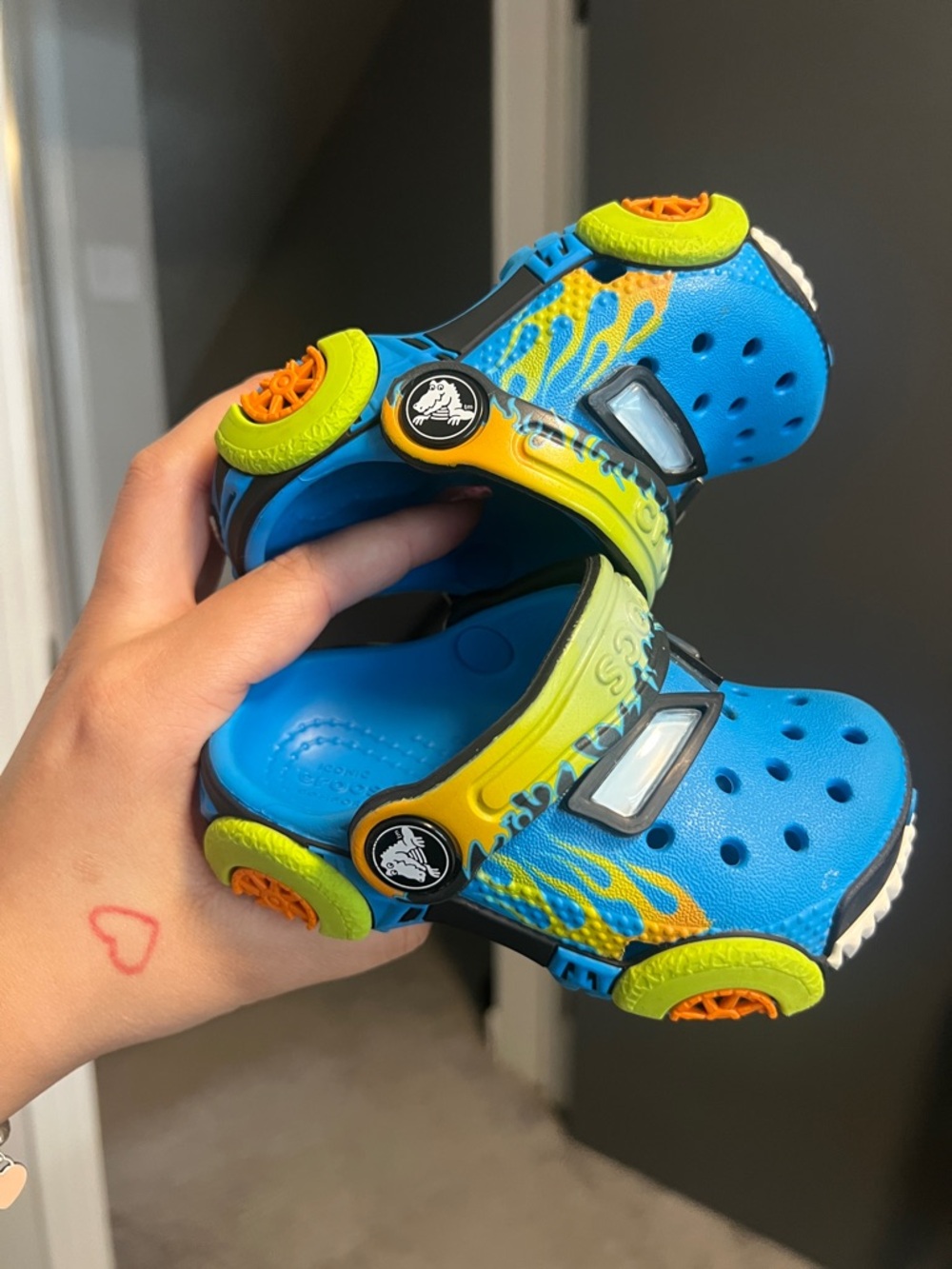 CROCS Kids Blue and Lime Shark-Trim Clogs